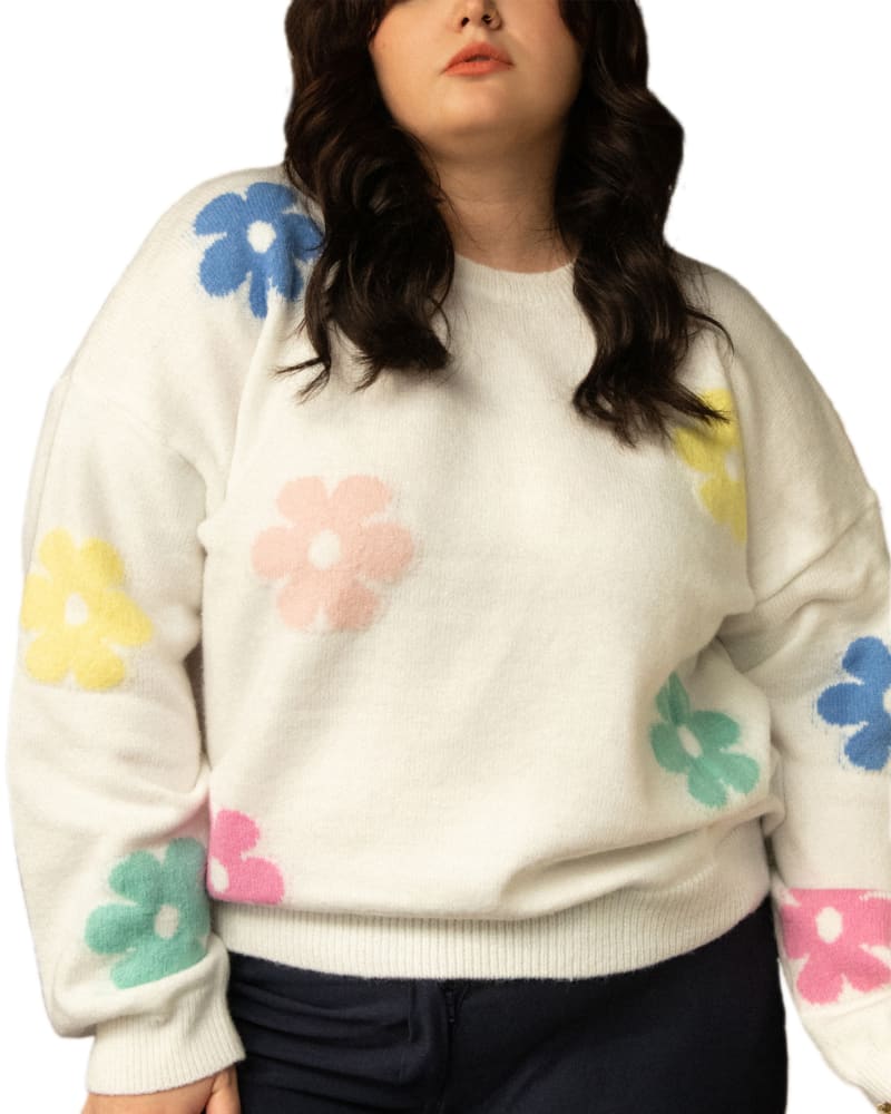 Front of a model wearing a size XL Margaux Sweater Colorful Flower Motif Ivory in White by ANNICK. | dia_product_style_image_id:282091